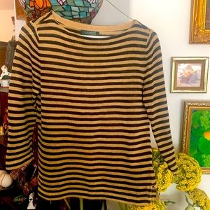 Ralph Lauren petite Black and cream striped  sweater 100% linen P/S